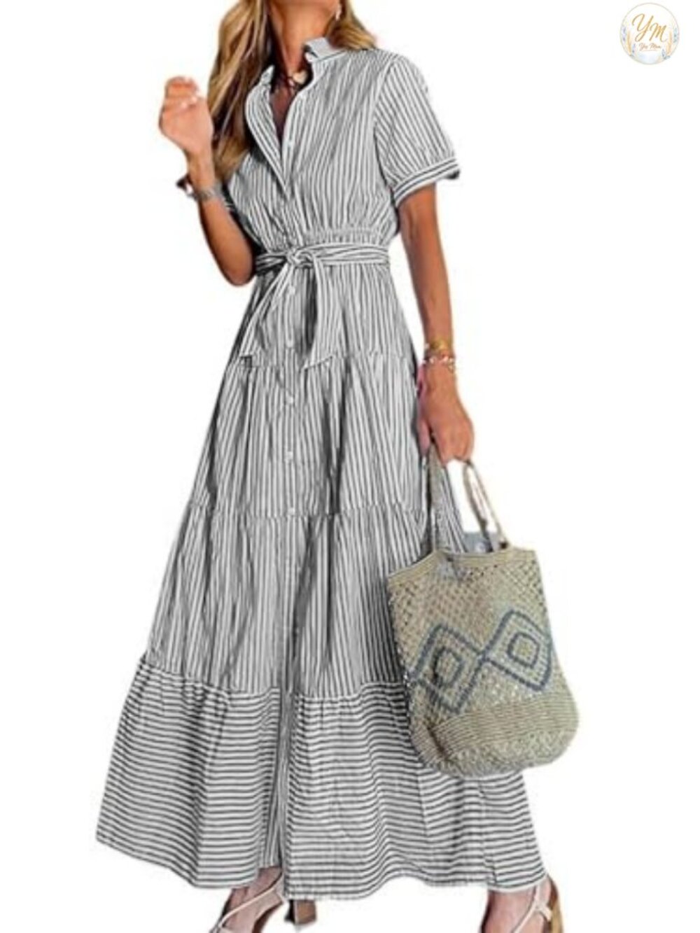 Women's Striped Button Down Maxi Shirt Dress Tie Waist Ruffled Short Sleeve